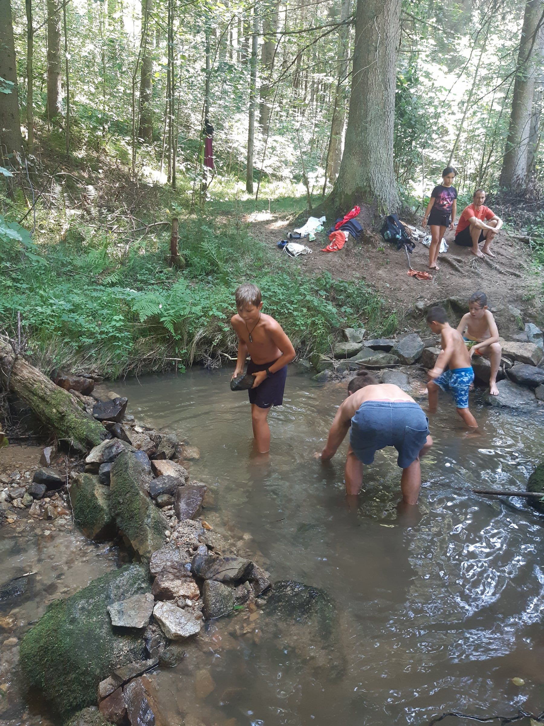 Kinder bauen im Bach einen kleinen Damm aus Steinen